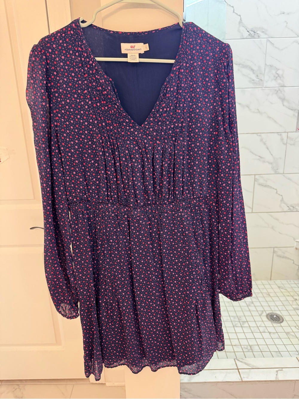 Vineyard Vines Navy Blue Long Sleeve V-Neck Dress with Star Print